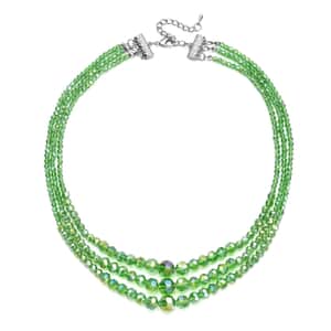 Green Magic Glass Beaded 3 Row Necklace in Silvertone 20-22 Inches