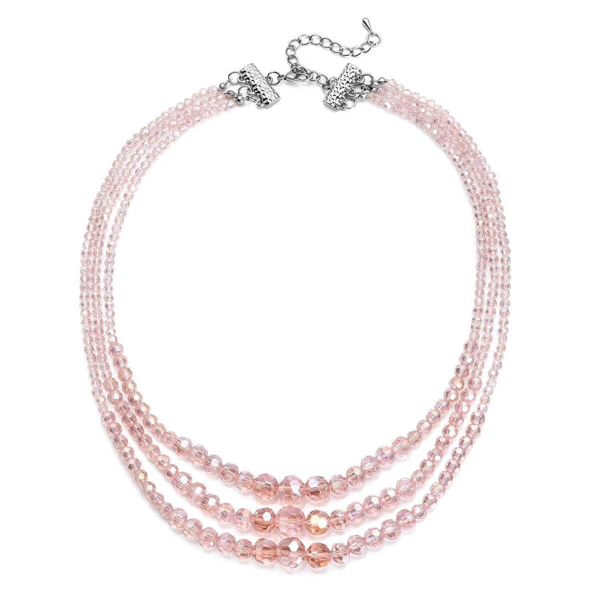 Pink Magic Glass Beaded 3 Row Necklace in Silvertone 20-22 Inches image number 0