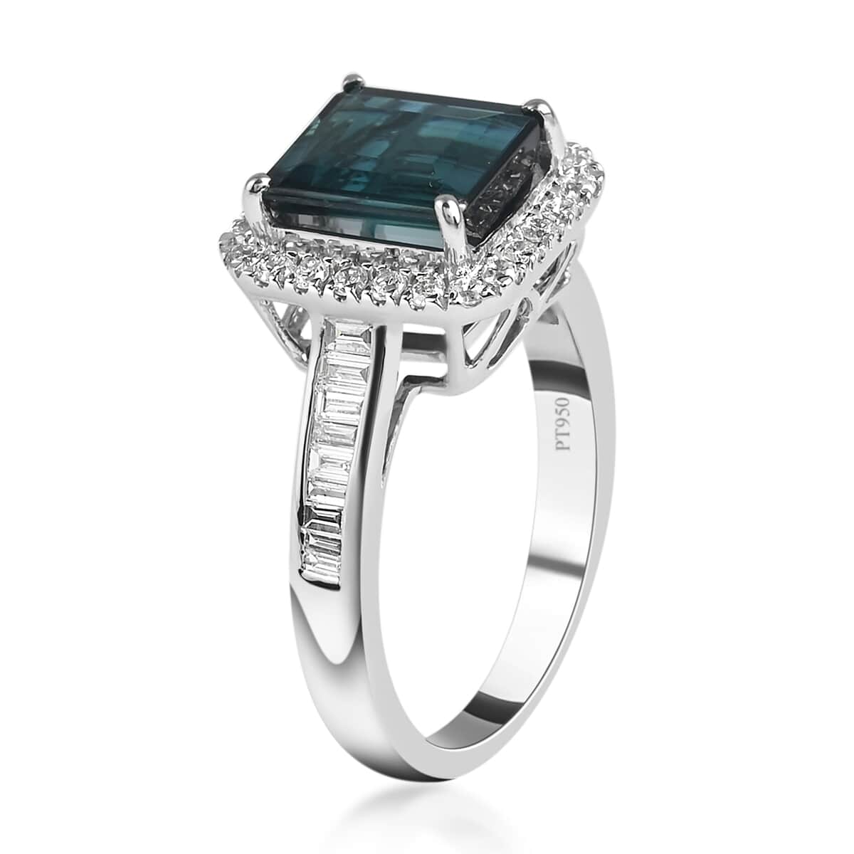 One Of A Kind Certified & Appraised Rhapsody 950 Platinum AAAA Monte Belo Indicolite and E-F VS Diamond Halo Ring (Size 7.0) 7.40 Grams 3.80 ctw image number 3