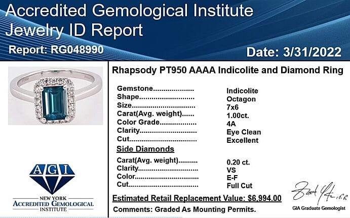 Certified & Appraised Rhapsody AAAA Monte Belo Indicolite and E-F VS Diamond 1.20 ctw Ring in 950 Platinum (Size 7.0)