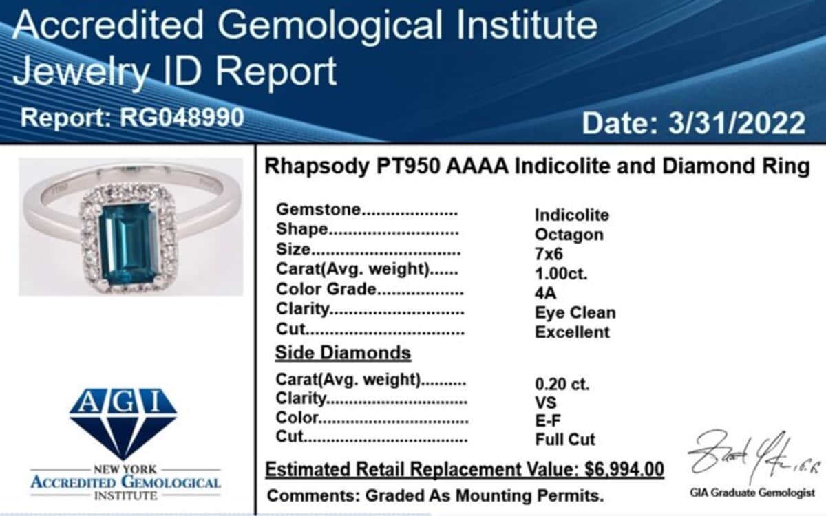 Certified & Appraised Rhapsody AAAA Monte Belo Indicolite and E-F VS Diamond 1.20 ctw Ring in 950 Platinum (Size 7.0) image number 5