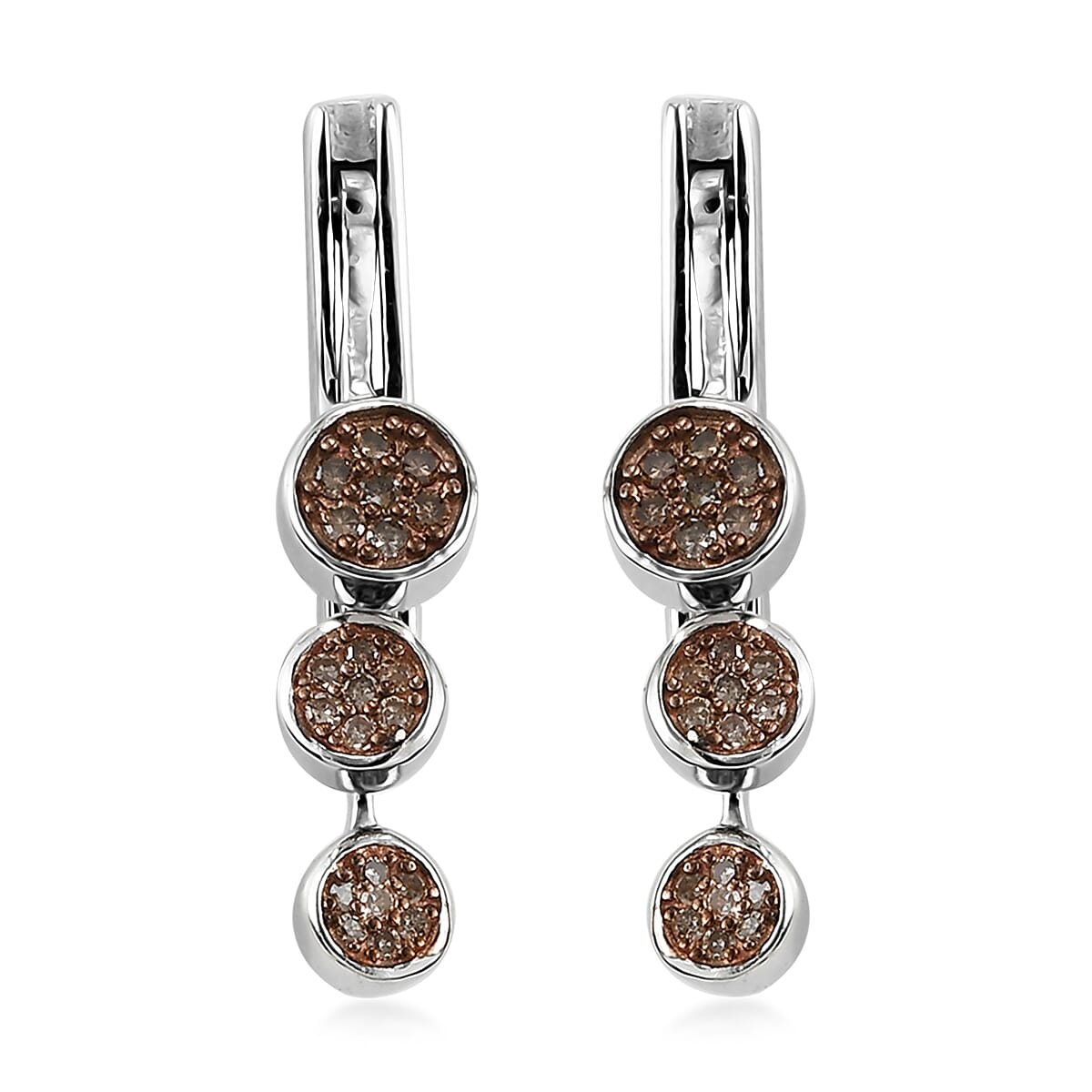 Natural Champagne and White Diamond Dangle Earrings in Rhodium and Platinum Over Sterling Silver 0.50 ctw