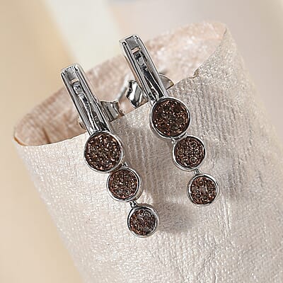 Natural Champagne and White Diamond Dangle Earrings in Rhodium and Platinum Over Sterling Silver 0.50 ctw