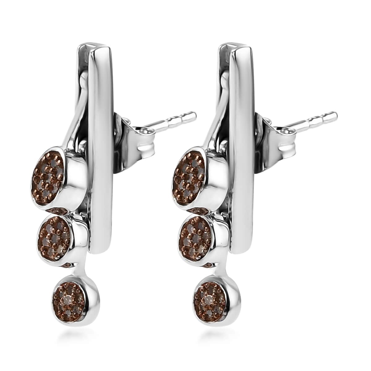 Natural Champagne and White Diamond Dangle Earrings in Rhodium and Platinum Over Sterling Silver 0.50 ctw image number 3