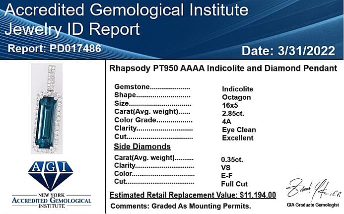 Rhapsody 950 Platinum AAAA Monte Belo Indicolite and E-F VS Diamond Halo Pendant 3.20 ctw