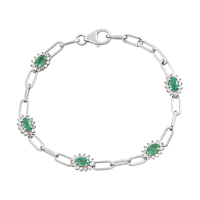 AAA Kagem Zambian Emerald and White Zircon Paper Clip Station Bracelet in Platinum Over Sterling Silver (6.50 In) 1.85 ctw