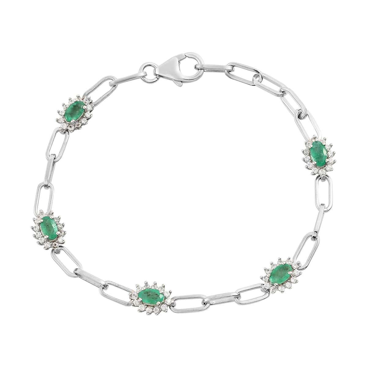 AAA Kagem Zambian Emerald and Natural White Zircon Paper Clip Station Bracelet in Platinum Over Sterling Silver (6.50 In) 1.85 ctw image number 0
