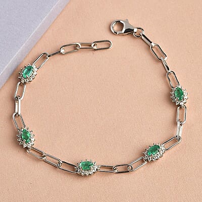 AAA Kagem Zambian Emerald and White Zircon Paper Clip Station Bracelet in Platinum Over Sterling Silver (6.50 In) 1.85 ctw