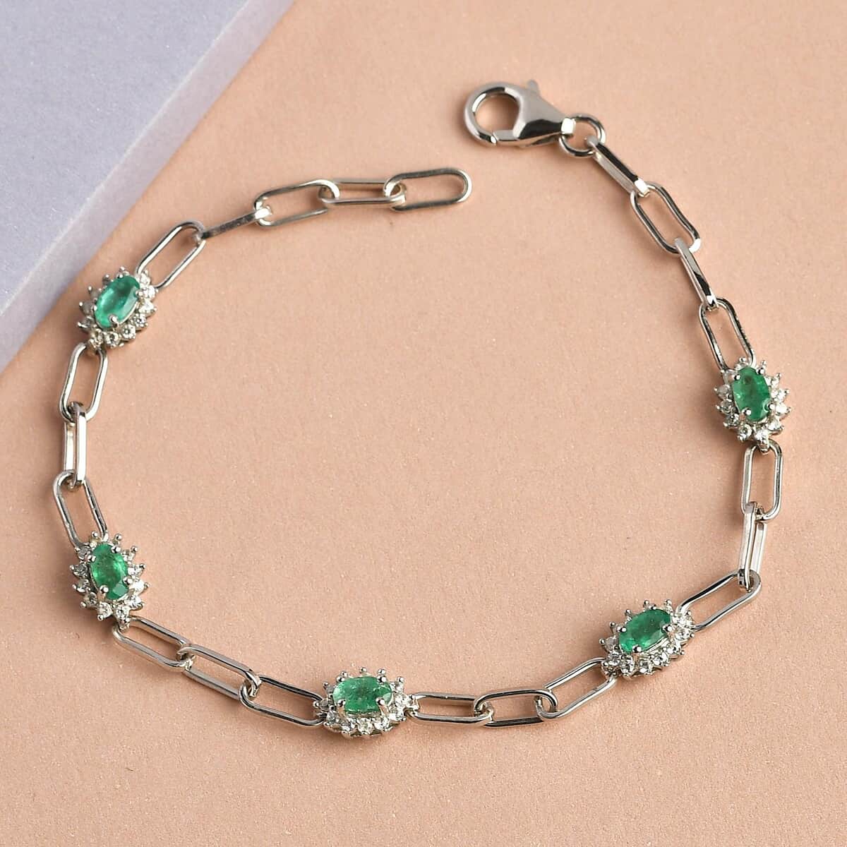 AAA Kagem Zambian Emerald and White Zircon Paper Clip Station Bracelet in Platinum Over Sterling Silver (6.50 In) 1.85 ctw image number 1