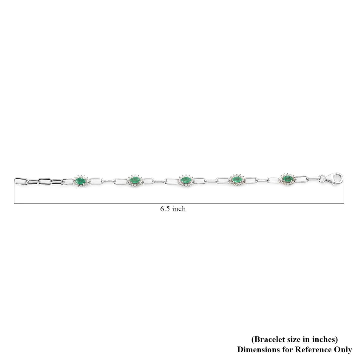 AAA Kagem Zambian Emerald and Natural White Zircon Paper Clip Station Bracelet in Platinum Over Sterling Silver (6.50 In) 1.85 ctw image number 4