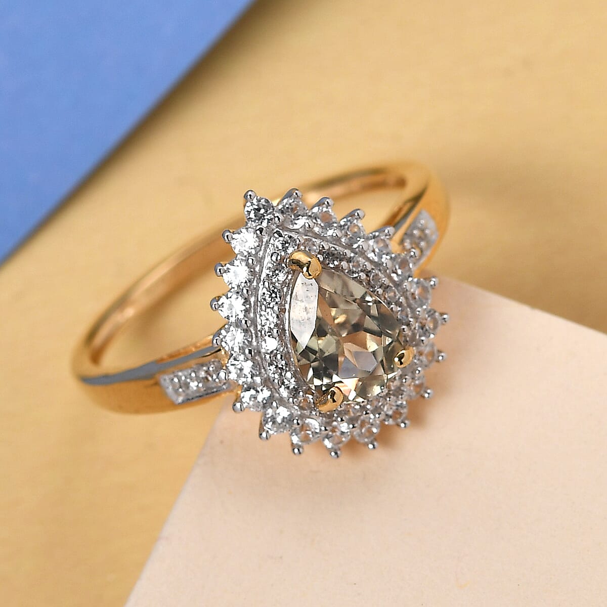 AAA Turkizite and Natural White Zircon Double Halo Ring in Vermeil Yellow Gold Over Sterling Silver (Size 9.0) 1.25 ctw image number 1