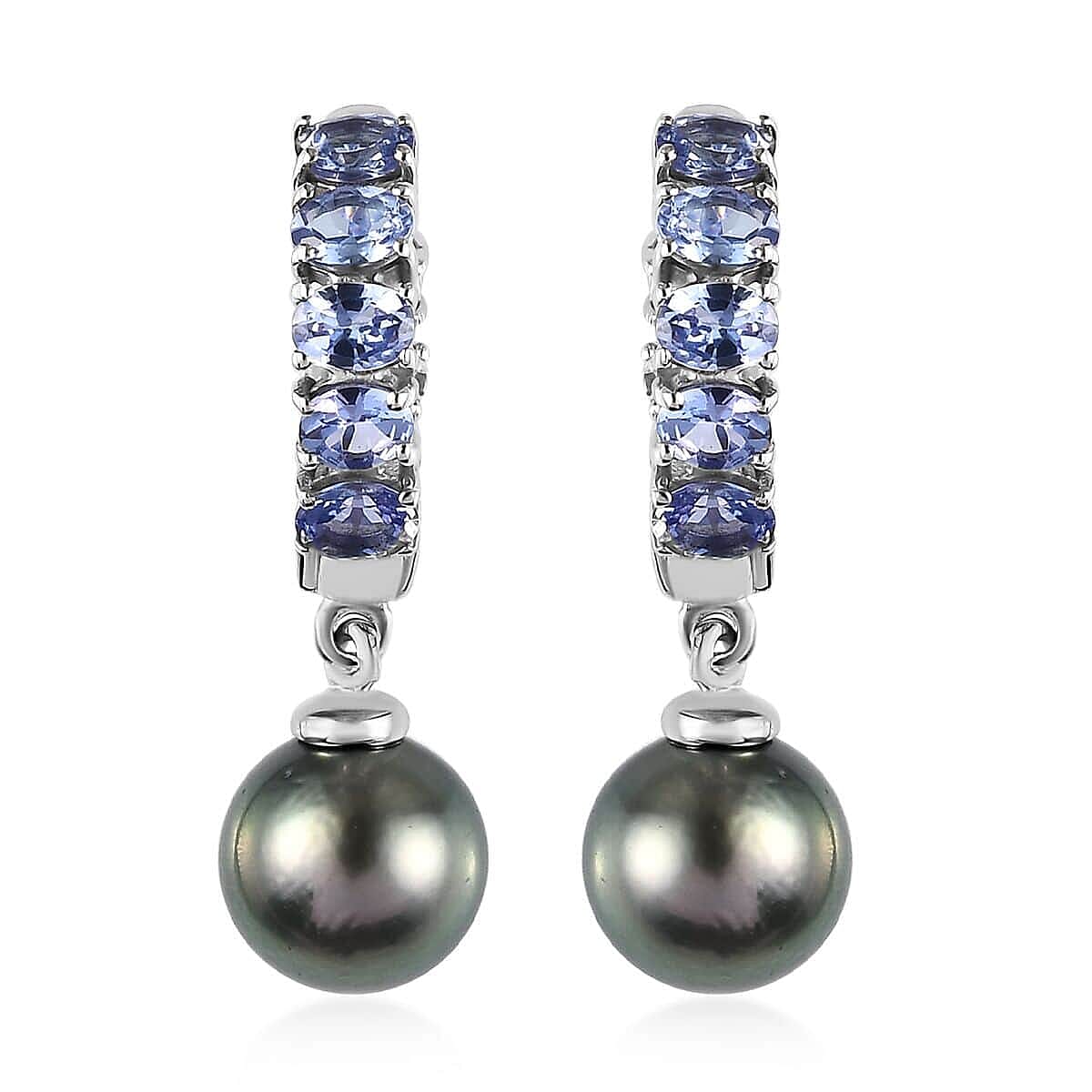 Tahitian Cultured Pearl 9-10mm and Tanzanite Earrings in Platinum Over Sterling Silver 2.85 ctw