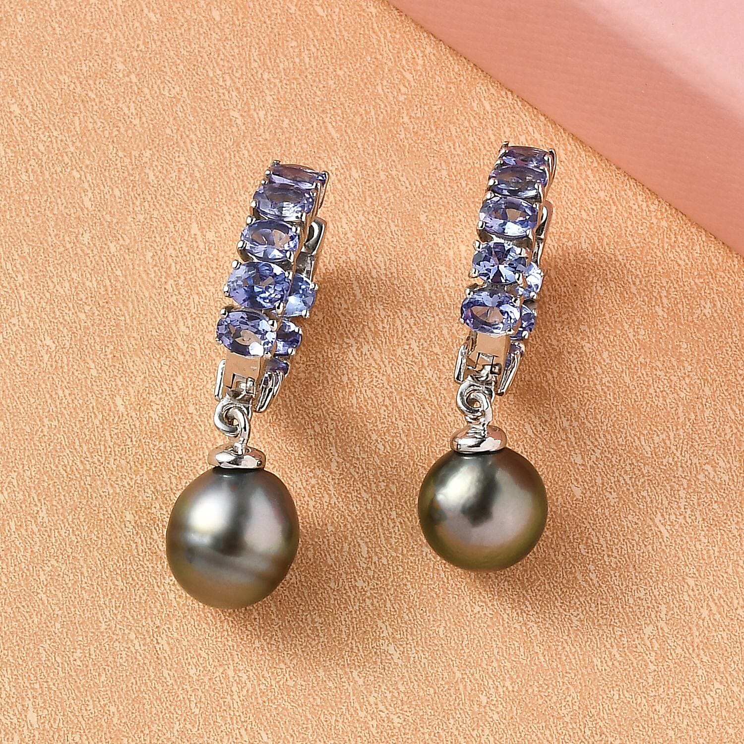 Tahitian Cultured Pearl 9-10mm and Tanzanite Earrings in Platinum Over Sterling Silver 2.85 ctw