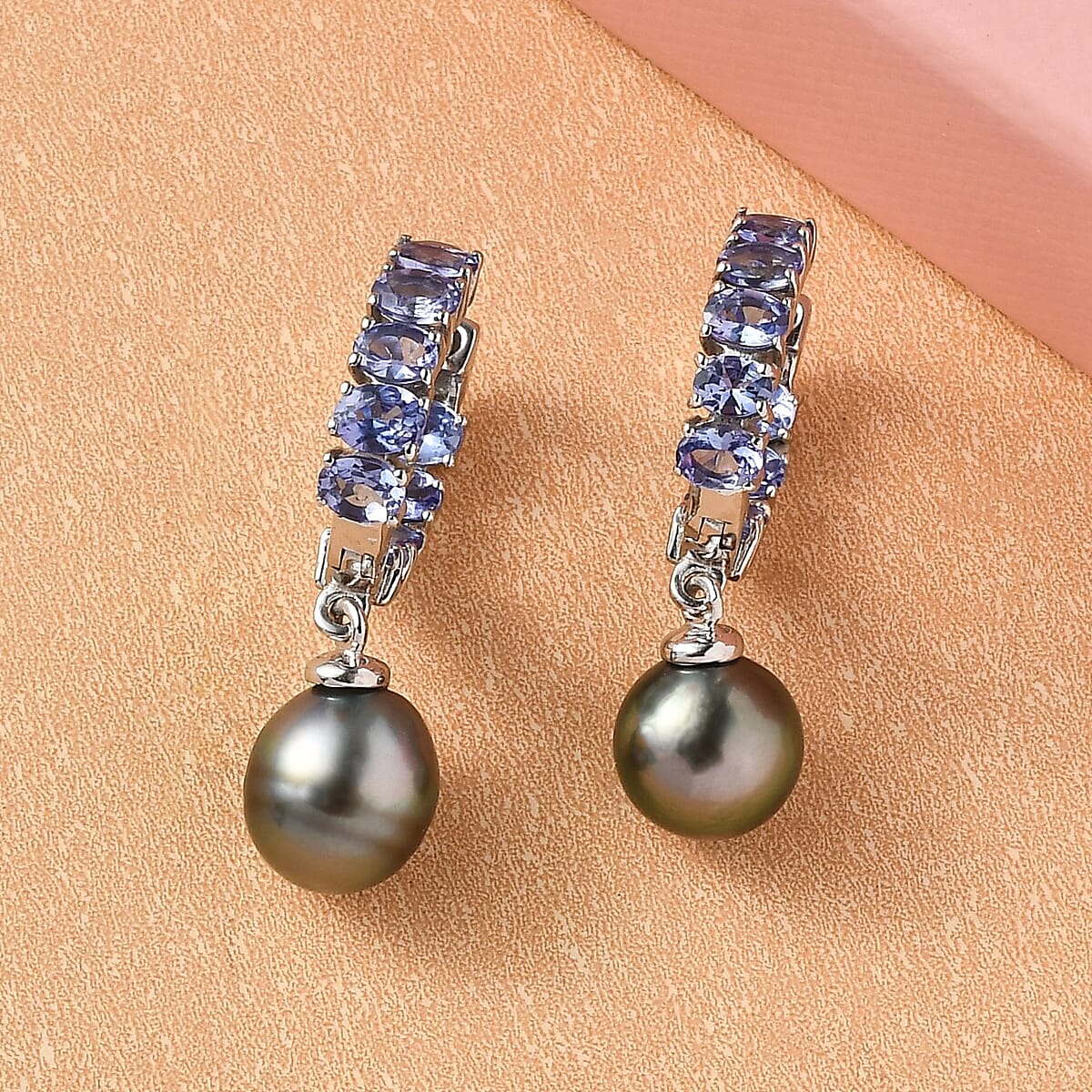 Tahitian Cultured Pearl 9-10mm and Tanzanite Earrings in Platinum Over Sterling Silver 2.85 ctw image number 1