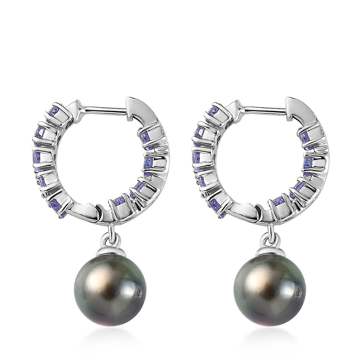 Tahitian Cultured Pearl 9-10mm and Tanzanite Earrings in Platinum Over Sterling Silver 2.85 ctw