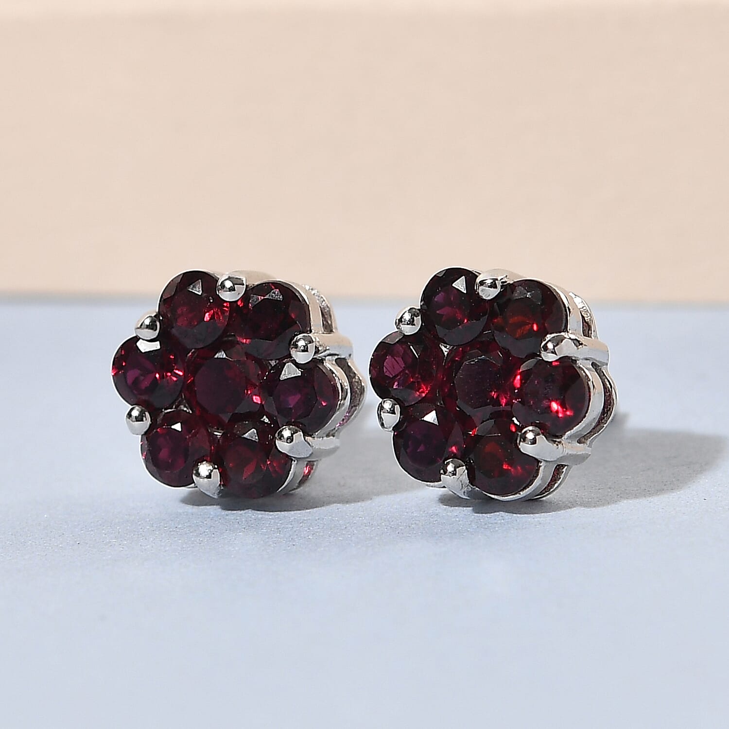 AMERICAN Arizona Anthill Garnet Floral Stud Earrings in Platinum Over Sterling Silver 2.15 ctw