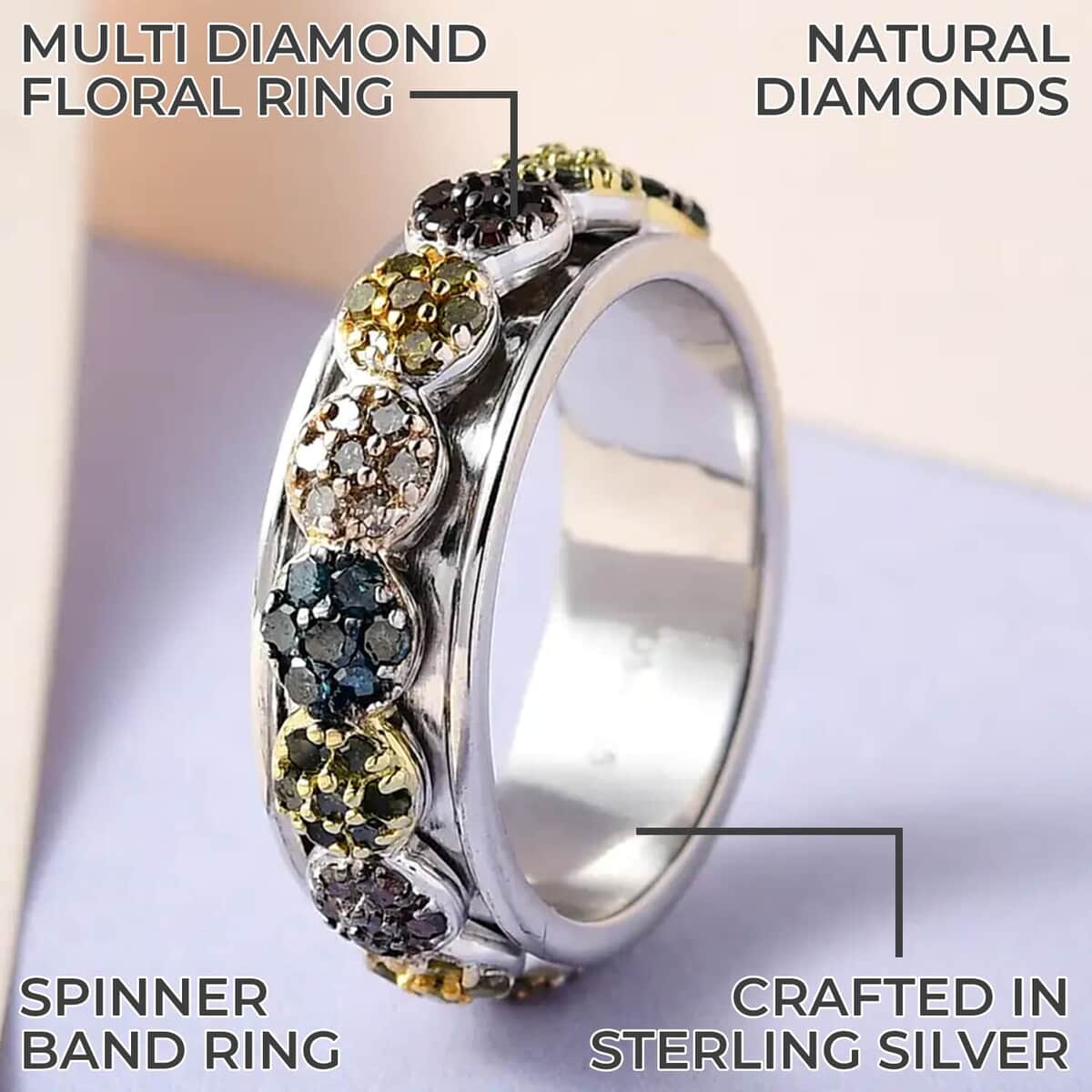 Multi Diamond Spinner Ring, Multi Diamond Floral Ring, Rhodium and Platinum Over Sterling Silver Ring, Spinner Band Ring, Multi Diamond Ring, Diamond Fidget Ring 1.00 ctw (Size 7.0) image number 1