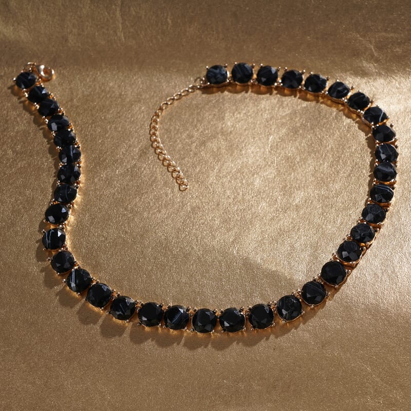 Black Resin Statement Necklace 16.5-19.5 Inches in Goldtone