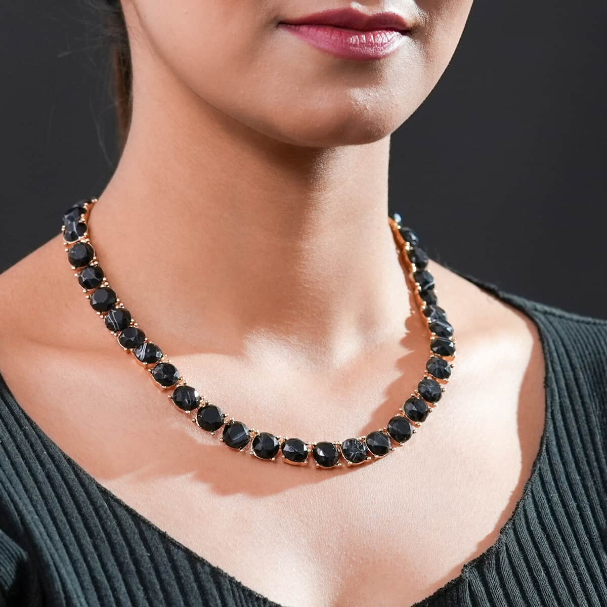 Black Resin Statement Necklace 16.5-19.5 Inches in Goldtone image number 2
