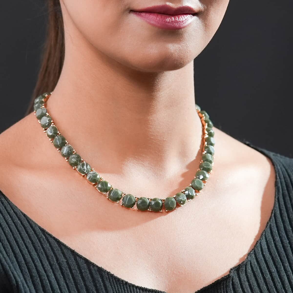 Olive Resin Statement Necklace 16.5-19.5 Inches in Rosetone image number 2