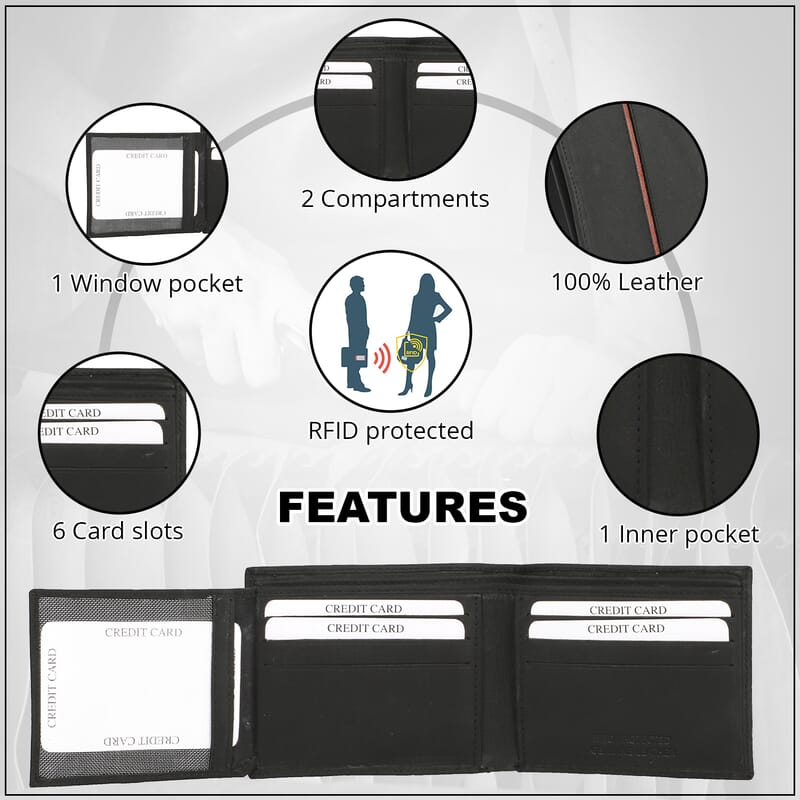 Union Code Black Genuine Leather Bi Fold Men's RFID Wallet