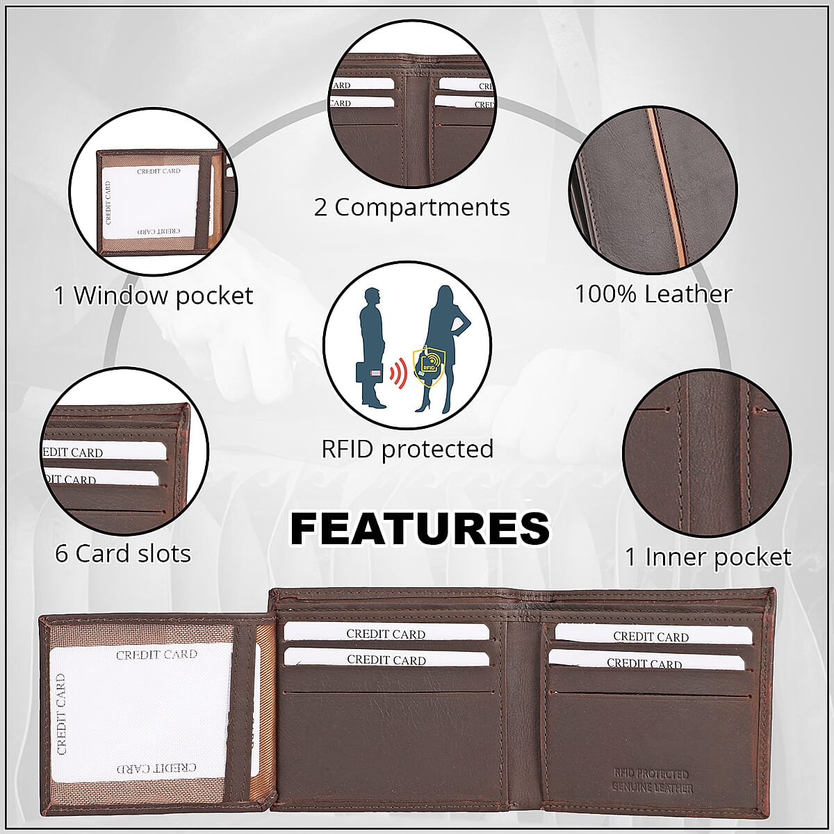 Union Code Brown Genuine Leather Bi Fold Men's RFID Wallet image number 2