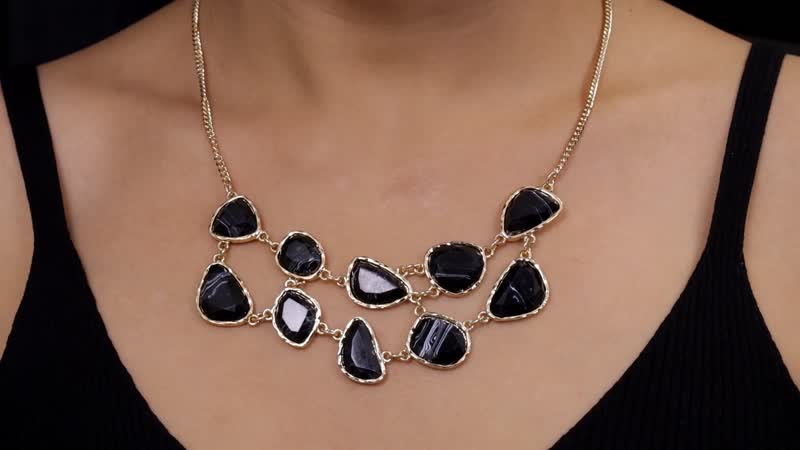 Black Resin Layered Statement Necklace 18.50 Inches in Rosetone