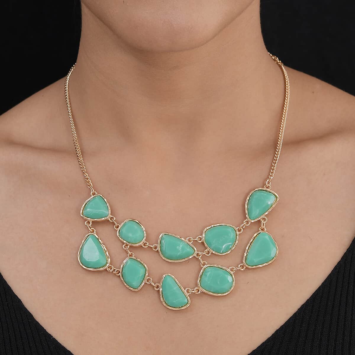 Sea Green Resin Layered Statement Necklace 18.50 Inches in Rosetone image number 2