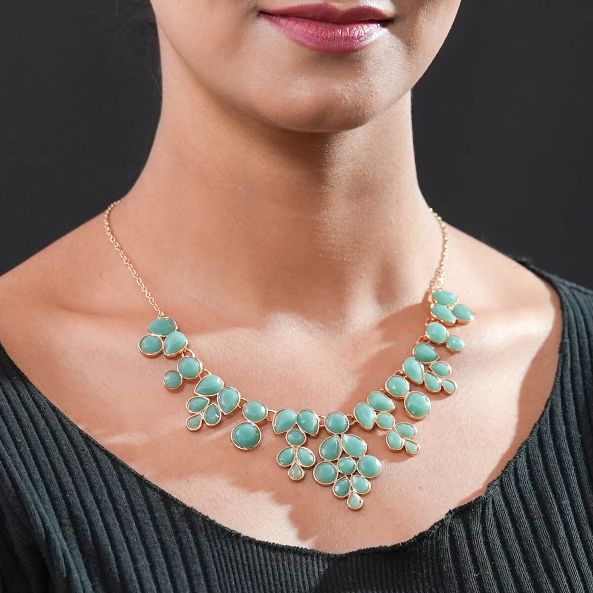 Sea Green Resin Statement Necklace 17-20 Inches in Goldtone image number 2