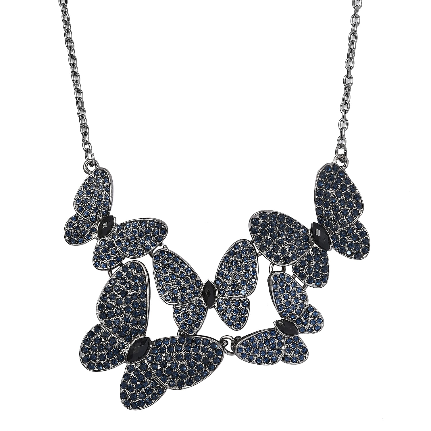 Blue Resin Statement Necklace 17-20 Inches in Black Silvertone