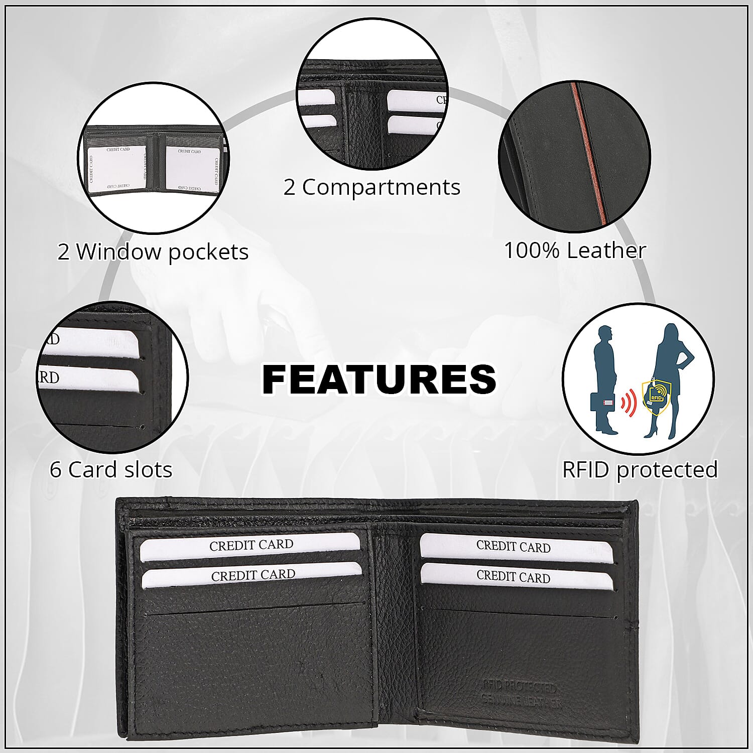 Union Code Black Genuine Leather RFID Protected Slim Minimalist Bi-Fold Men's Wallet