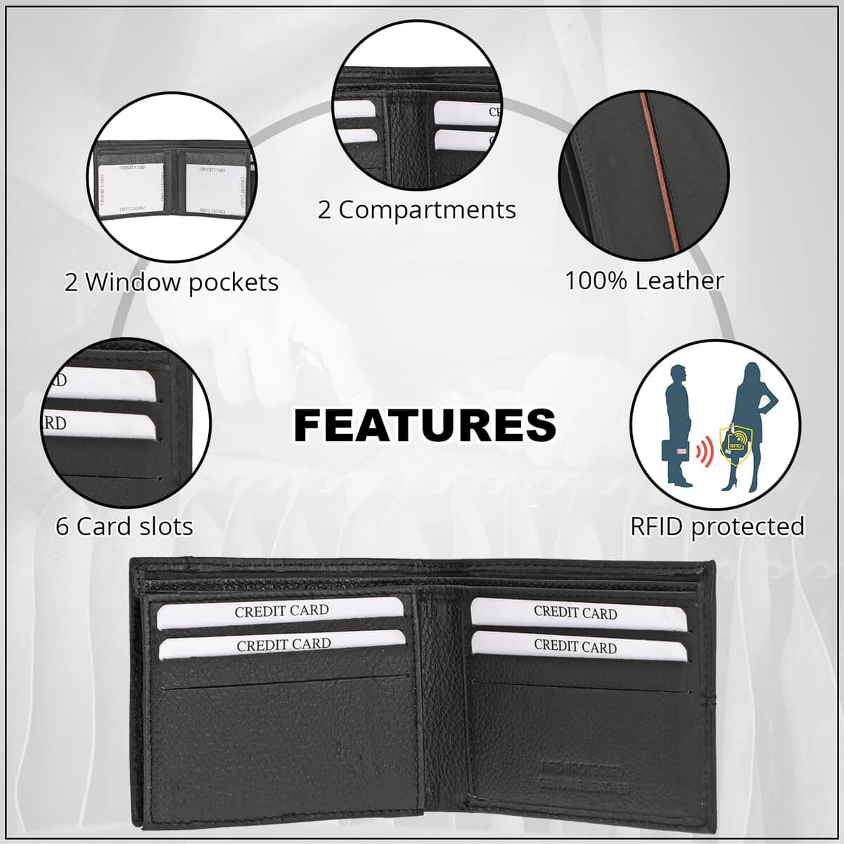 Union Code Black Genuine Leather RFID Protected Slim Minimalist Bi-Fold Men's Wallet image number 2