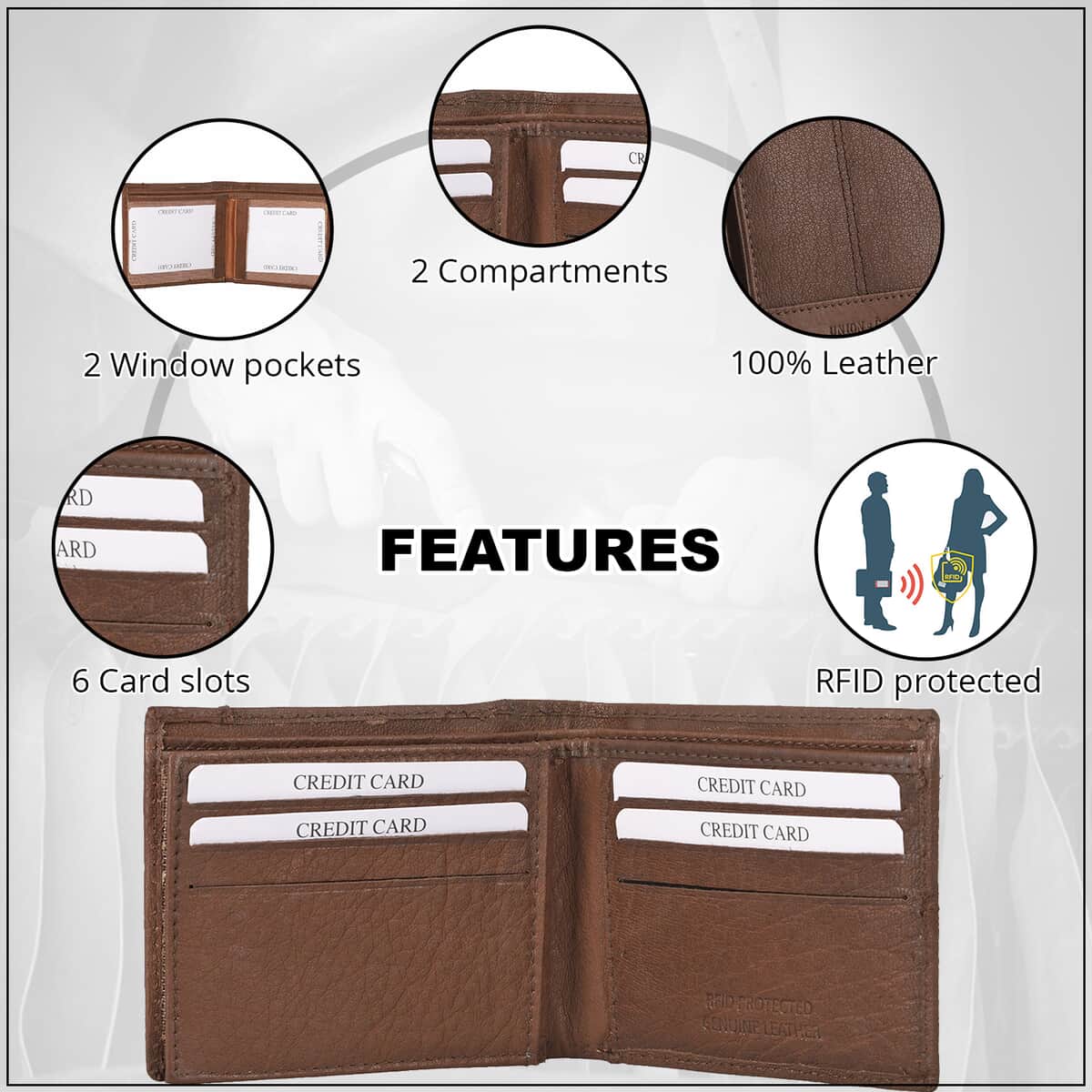 Union Code Brown Genuine Leather RFID Protected Slim Minimalist Bi-Fold Men's Wallet image number 2