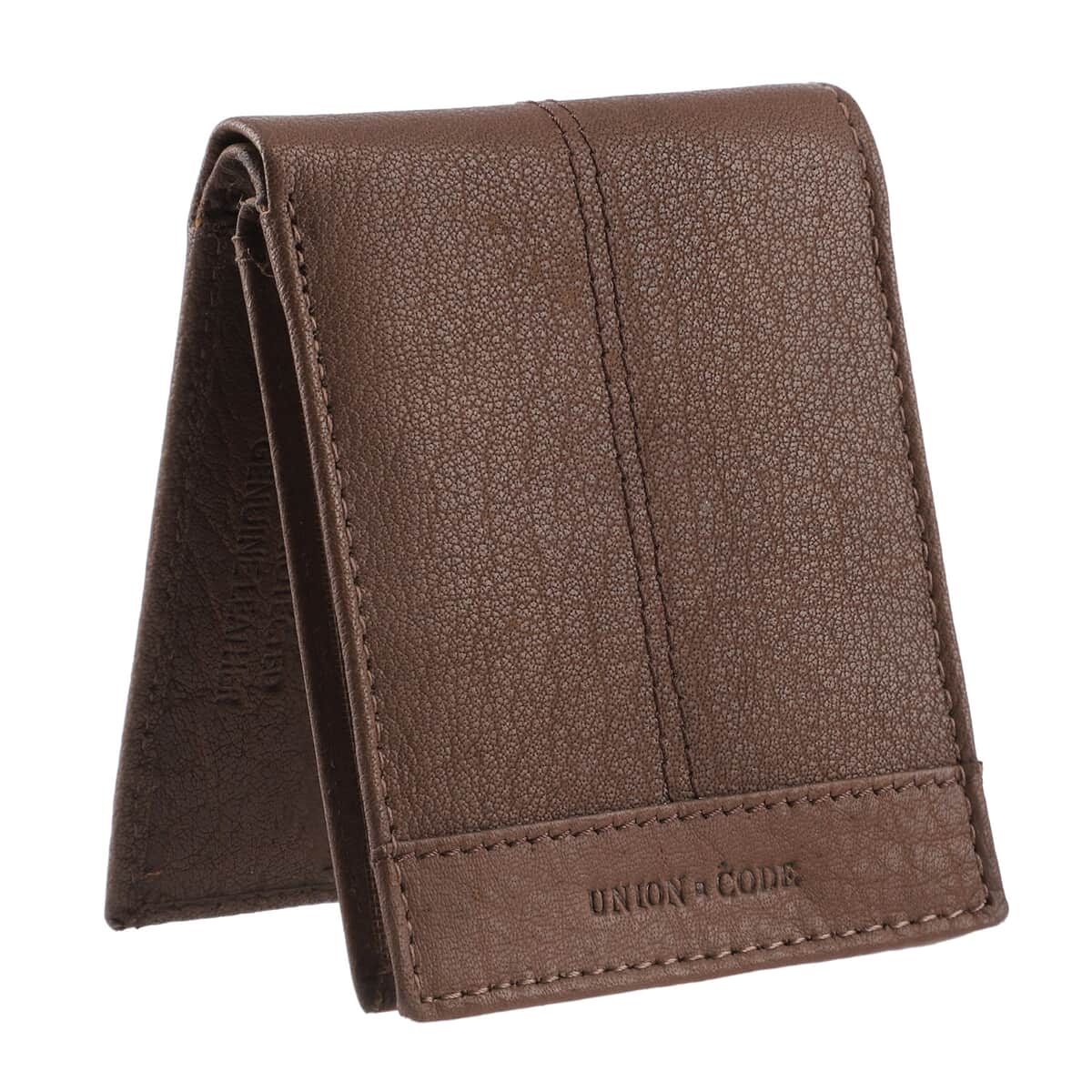 Union Code Brown Genuine Leather RFID Protected Slim Minimalist Bi-Fold Men's Wallet image number 4