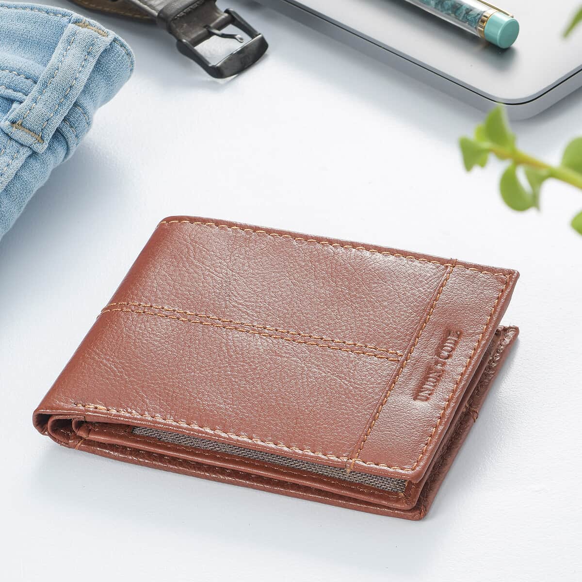 Union Code Tan Genuine Leather RFID Protected Slim Minimalist Bi-Fold Men's Wallet image number 1