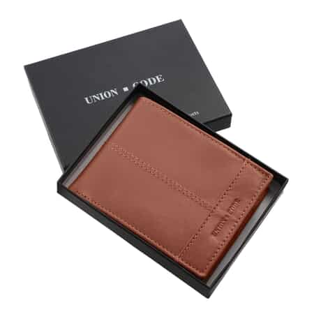 Union Code Tan Genuine Leather RFID Protected Slim Minimalist Bi-Fold Men's Wallet image number 6