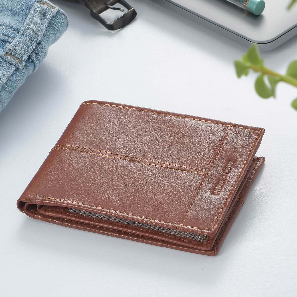 Union Code Cognac Genuine Leather RFID Protected Slim Minimalist Bi-Fold Men's Wallet image number 1