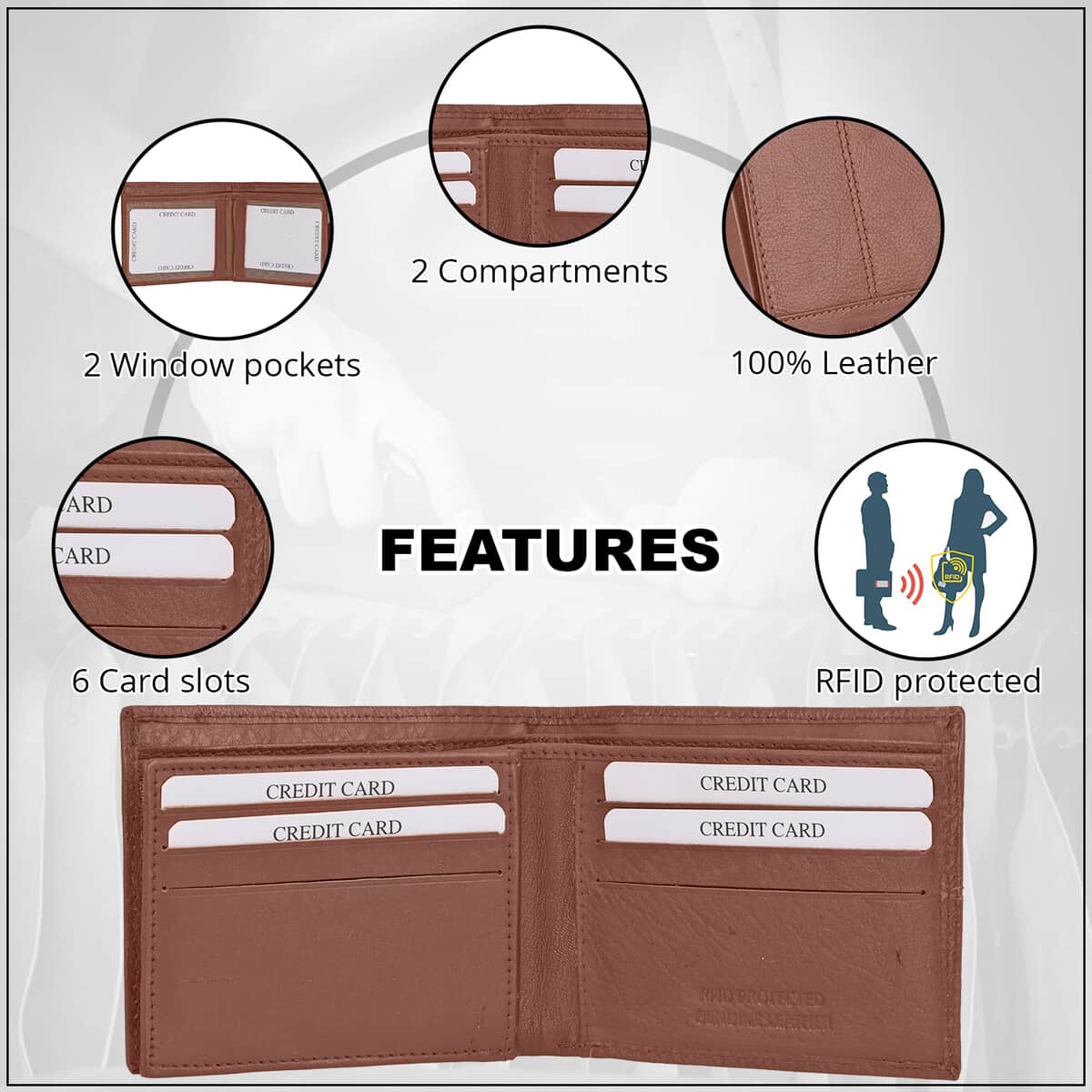 Union Code Cognac Genuine Leather RFID Protected Slim Minimalist Bi-Fold Men's Wallet image number 2