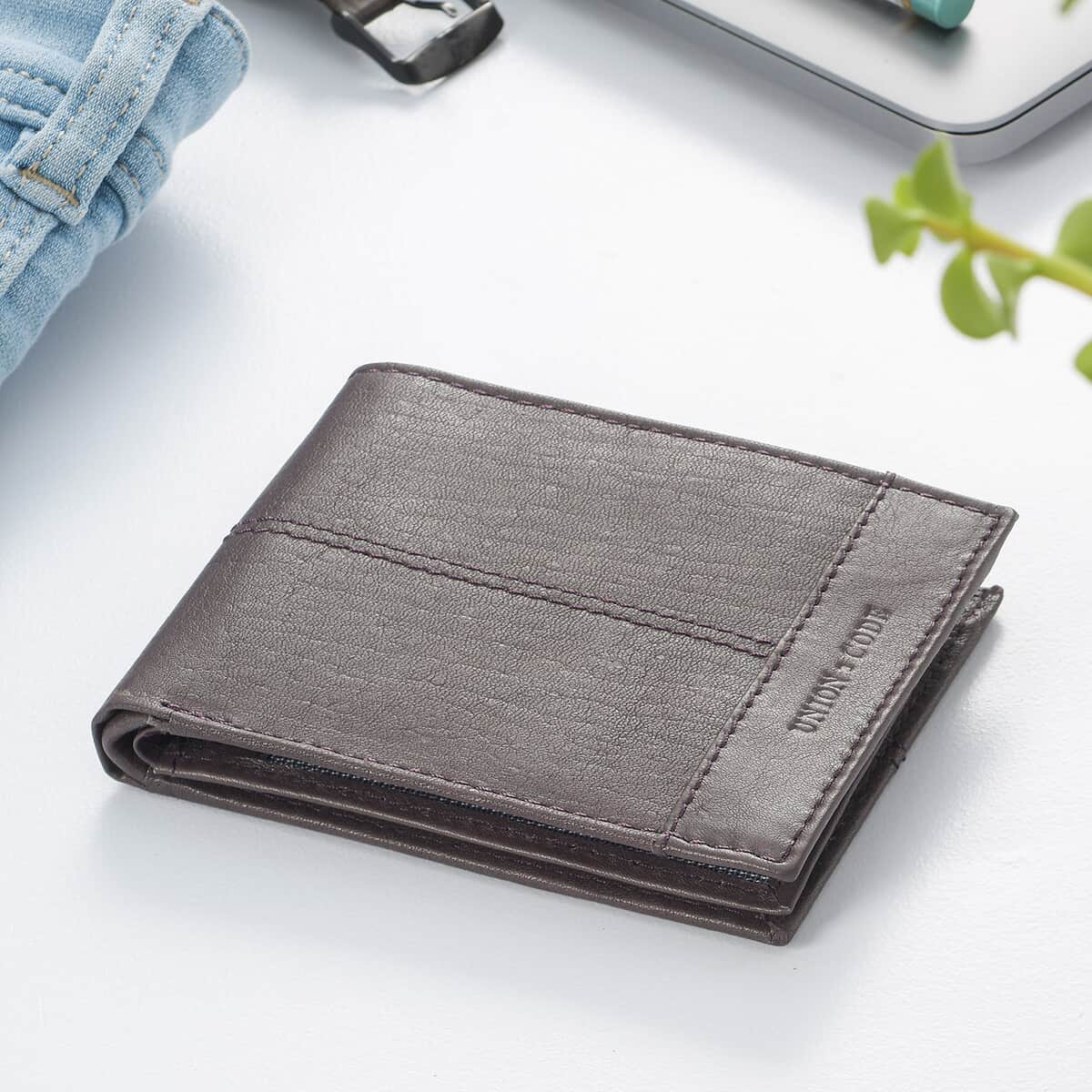 Union Code Plum Genuine Leather RFID Protected Slim Minimalist Bi-Fold Men's Wallet image number 1