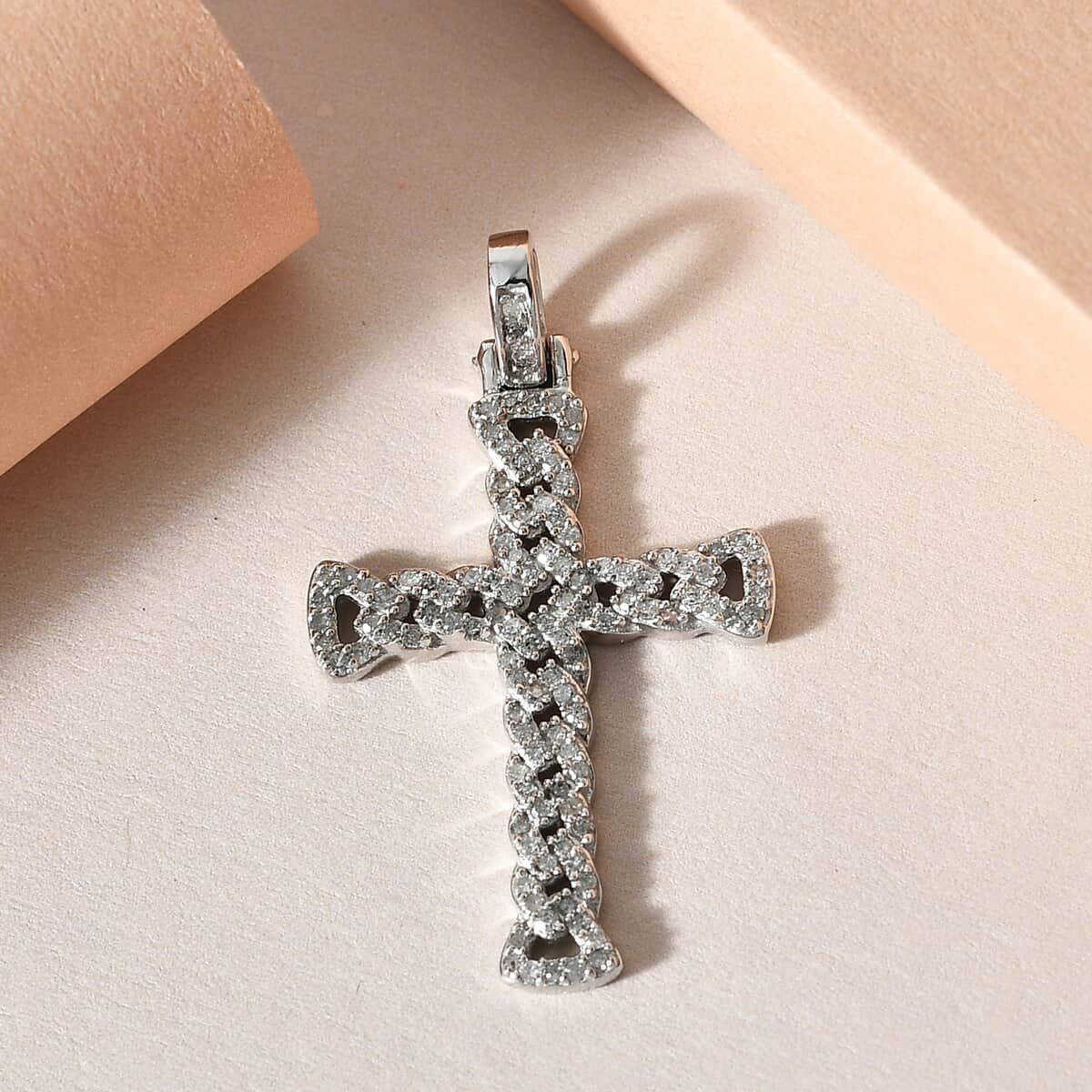 Blue Diamond (IR) Cross Pendant in Rhodium and Platinum Over Sterling Silver 0.50 ctw image number 1