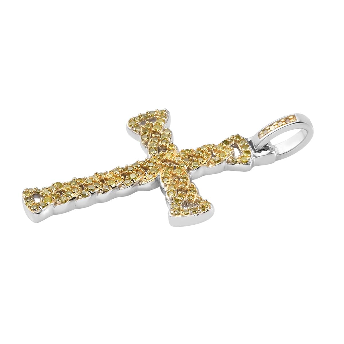 Yellow Diamond Cross Pendant in Rhodium and Platinum Over Sterling Silver 0.50 ctw image number 3