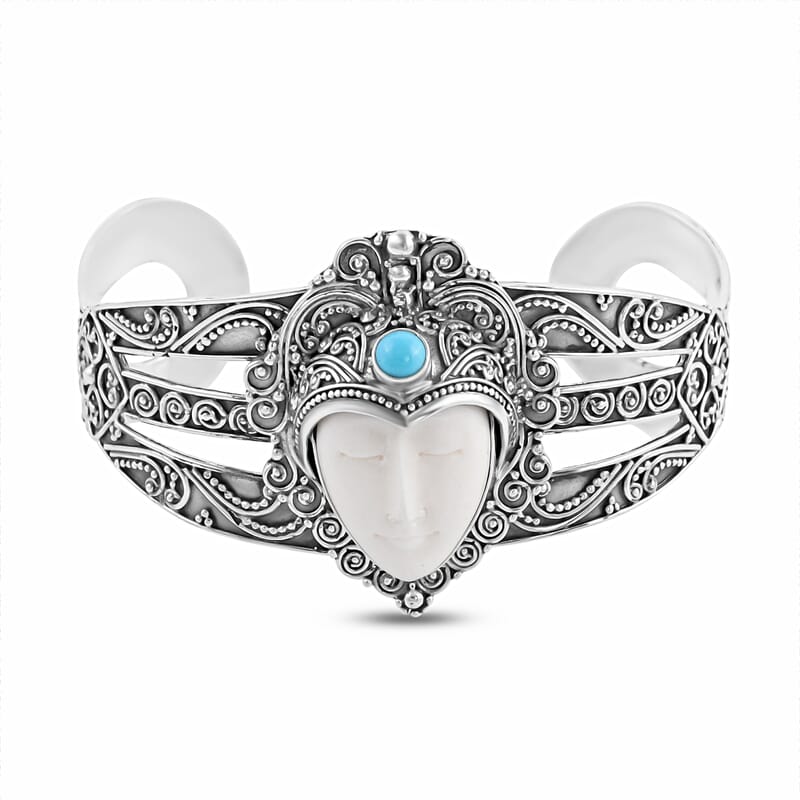 Bali Goddess Carved Bone and AMERICAN Natural Sleeping Beauty Turquoise Cuff Bracelet in Sterling Silver (7.25 In) 39.55 Grams 0.65 ctw