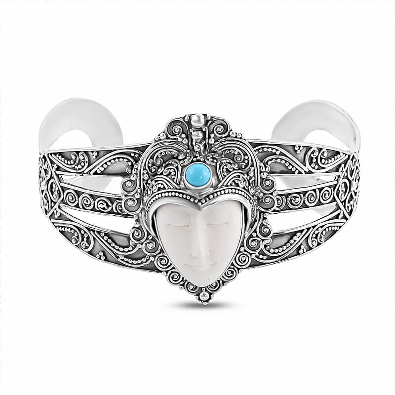 Bali Goddess Carved Bone and AMERICAN Natural Sleeping Beauty Turquoise Cuff Bracelet in Sterling Silver (7.25 In) 39.55 Grams 0.65 ctw
