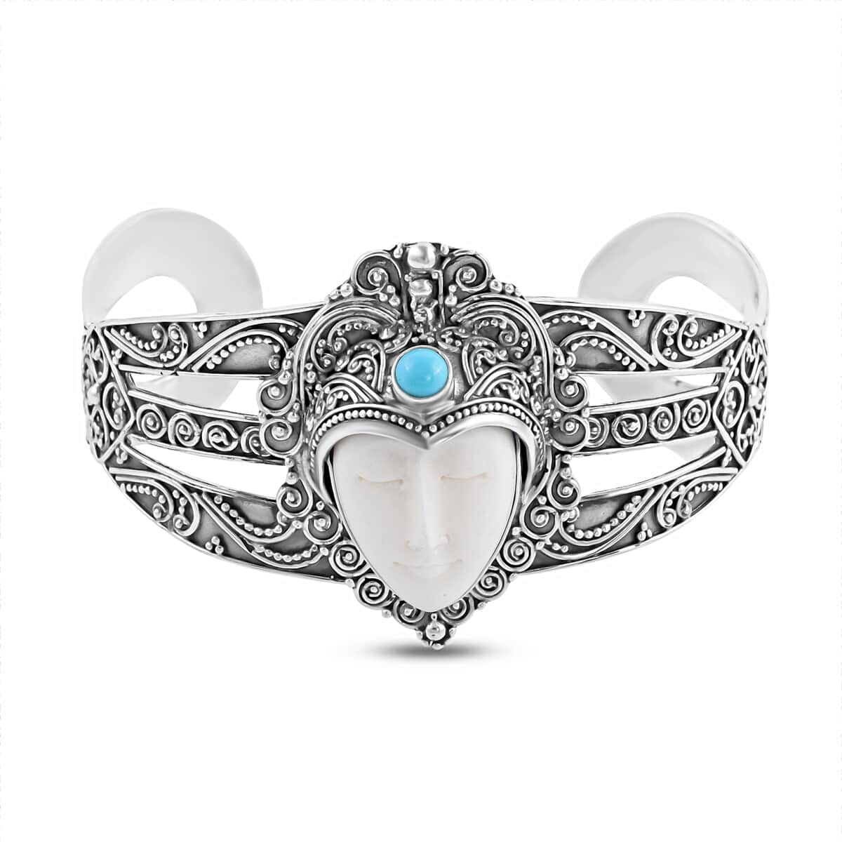 DOORBUSTER BALI GODDESS Carved Bone, Natural Arizona Sleeping Beauty Turquoise Cuff Bracelet in Sterling Silver (7.25 In) (39.55 g) 0.65 ctw image number 0