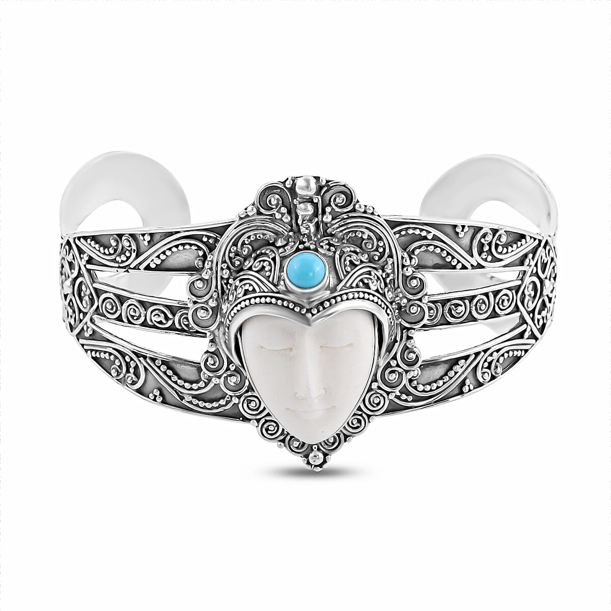 DOORBUSTER BALI GODDESS Carved Bone, Natural Arizona Sleeping Beauty Turquoise Cuff Bracelet in Sterling Silver (7.25 In) (39.55 g) 0.65 ctw image number 0