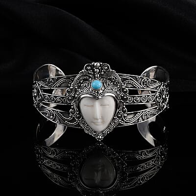 Bali Goddess Carved Bone and AMERICAN Natural Sleeping Beauty Turquoise Cuff Bracelet in Sterling Silver (7.25 In) 39.55 Grams 0.65 ctw