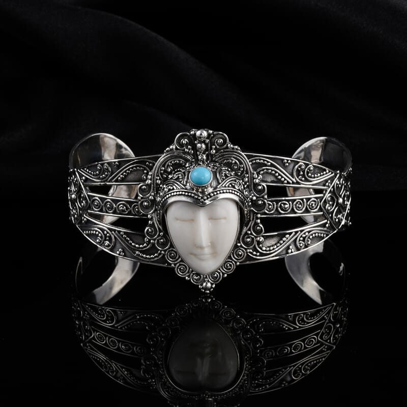 Bali Goddess Carved Bone and AMERICAN Natural Sleeping Beauty Turquoise Cuff Bracelet in Sterling Silver (7.25 In) 39.55 Grams 0.65 ctw