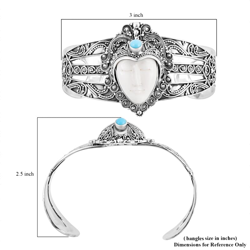 Bali Goddess Carved Bone and AMERICAN Natural Sleeping Beauty Turquoise Cuff Bracelet in Sterling Silver (7.25 In) 39.55 Grams 0.65 ctw