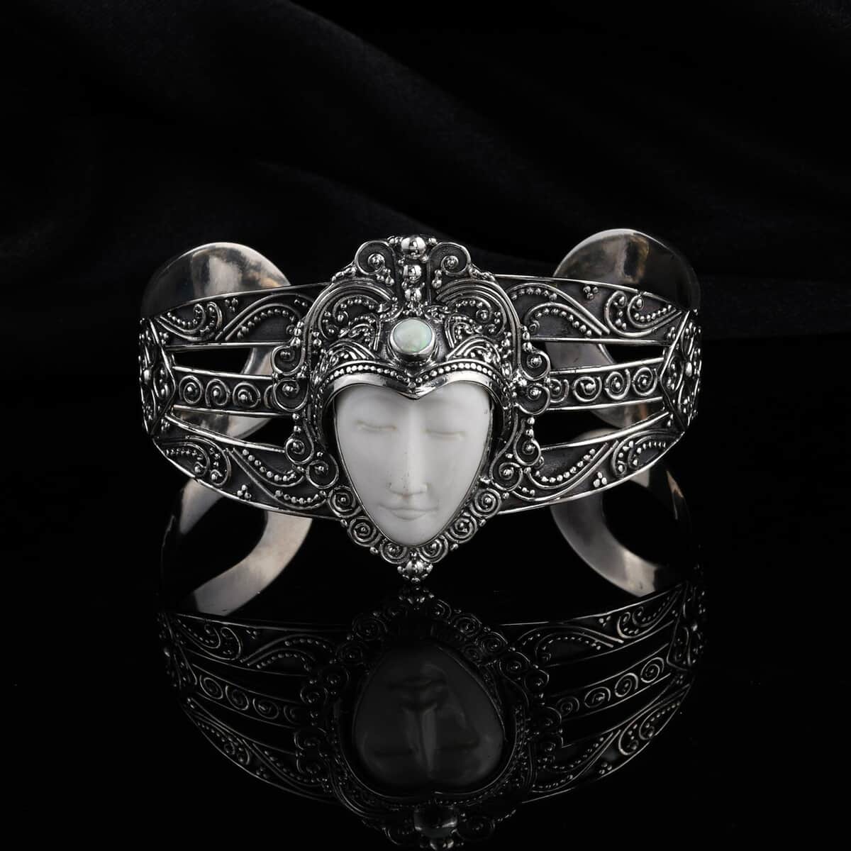 Carved Bone Bracelet, Ethiopian Welo Opal Bracelet, Bali Goddess Bracelet, Silver Cuff Bracelet, Sterling Silver Bracelet (7.50 In) 0.65 ctw image number 1