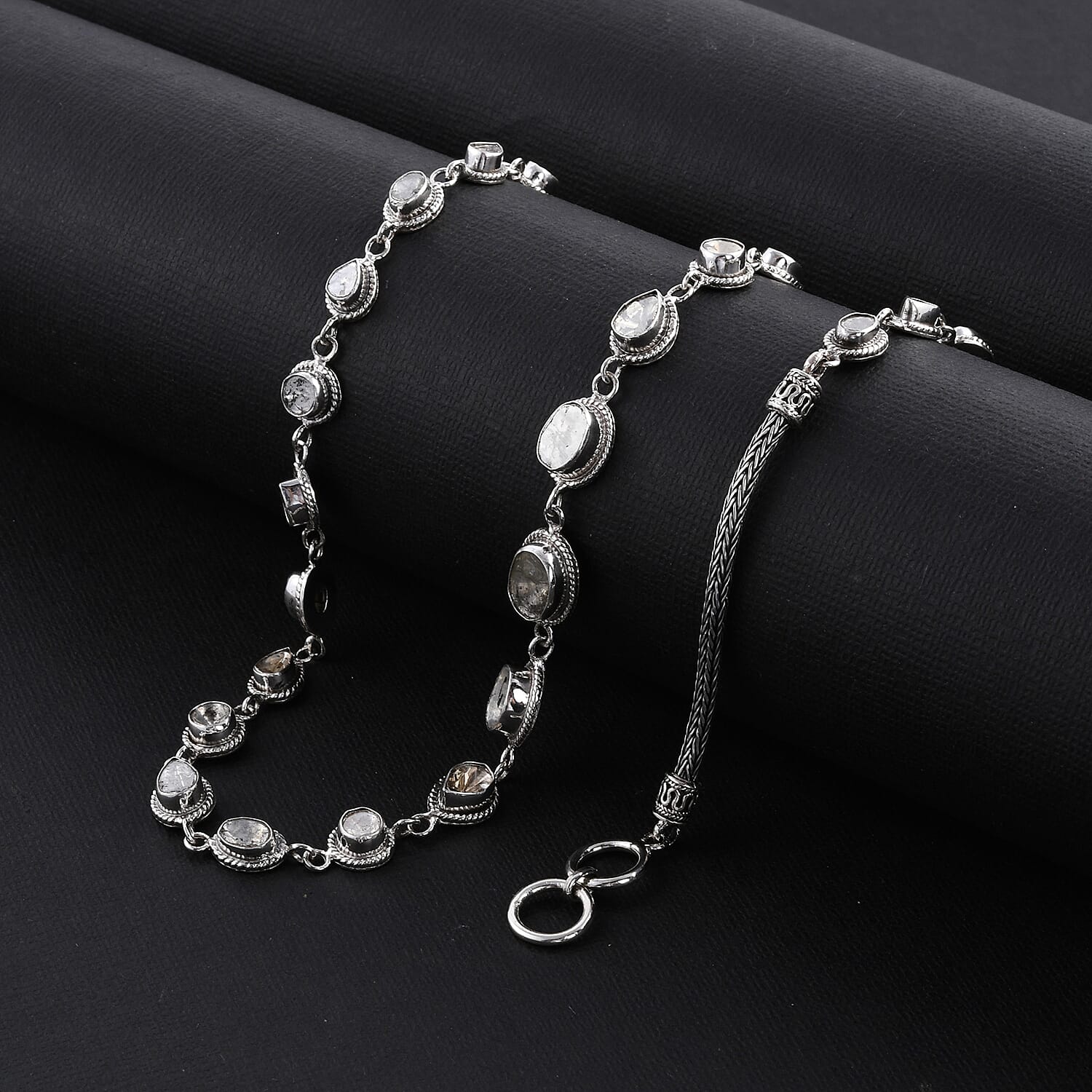 Salt and Pepper Couture Polki Diamond Toggle Clasp Necklace 22 Inches in Sterling Silver 46 Grams 10.50 ctw